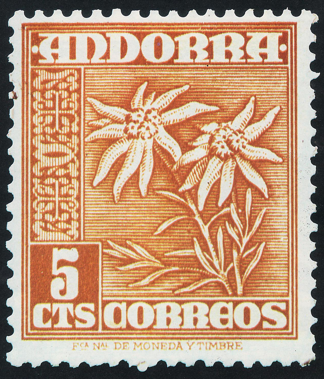 Sello con motivo flor Edelweiss de Andorra Sello con motivo de la flor típica de alta montaña. Uno de los sellos de correos emitido por España para Andorra