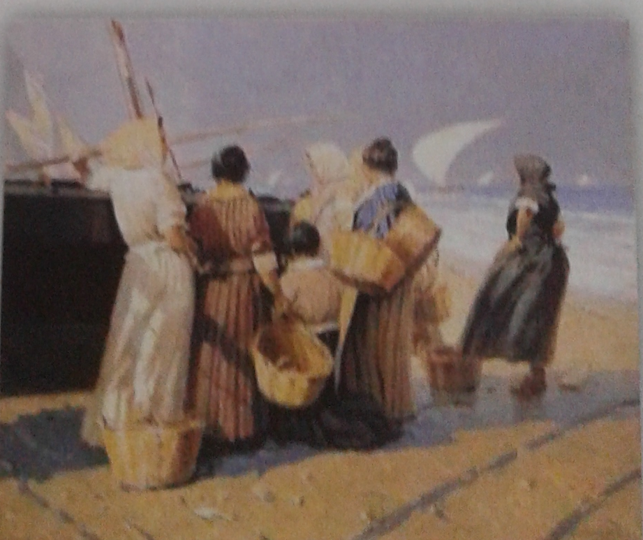 Grabado de Sánchez Toda Grabado en sepia del cuadro "Pescadoras en la Playa"