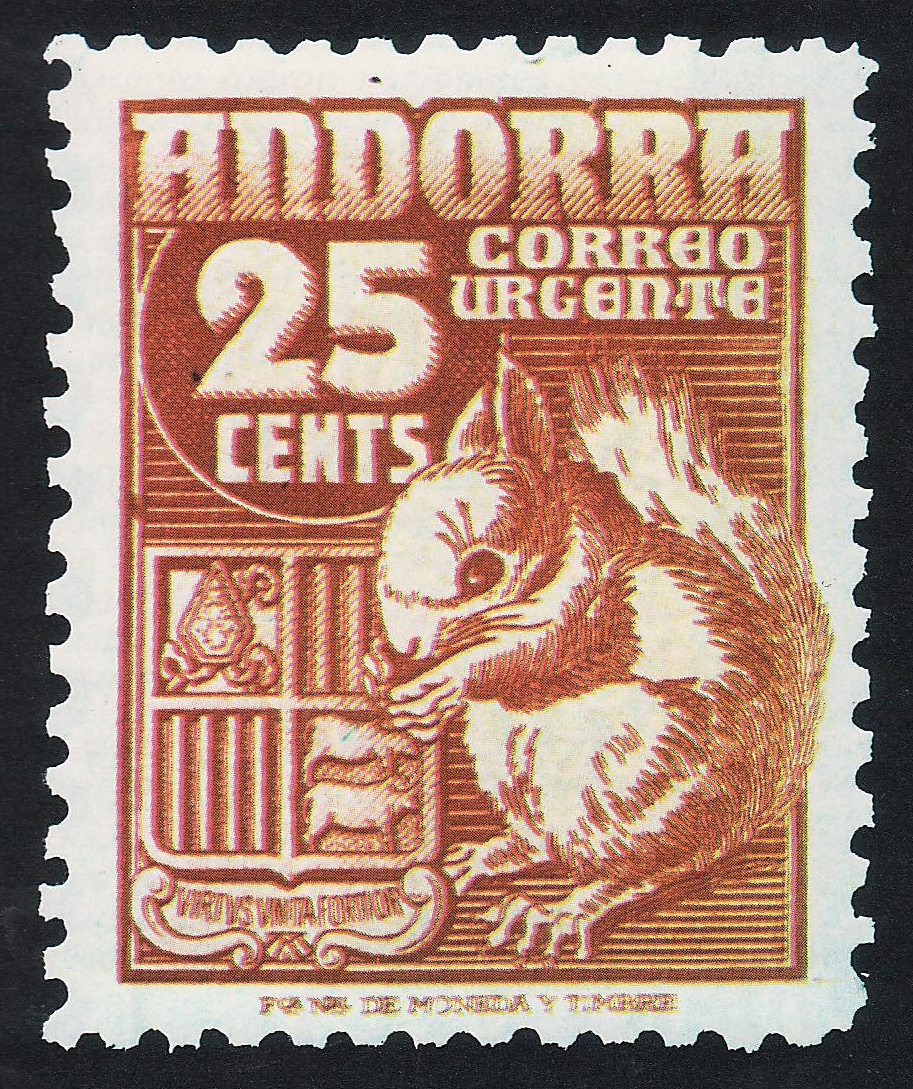 Sello de correos Andorra correspondencia urgente Sello de correos emitido por España con motivo de una ardilla para la correspondencia urgente
