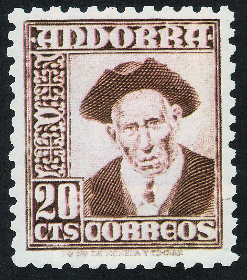 Sello de correos de Andorra (Imagen Veguer) Imagen de un Veguer (Autoridad andorrana) en sello de valor postal 20 cts.