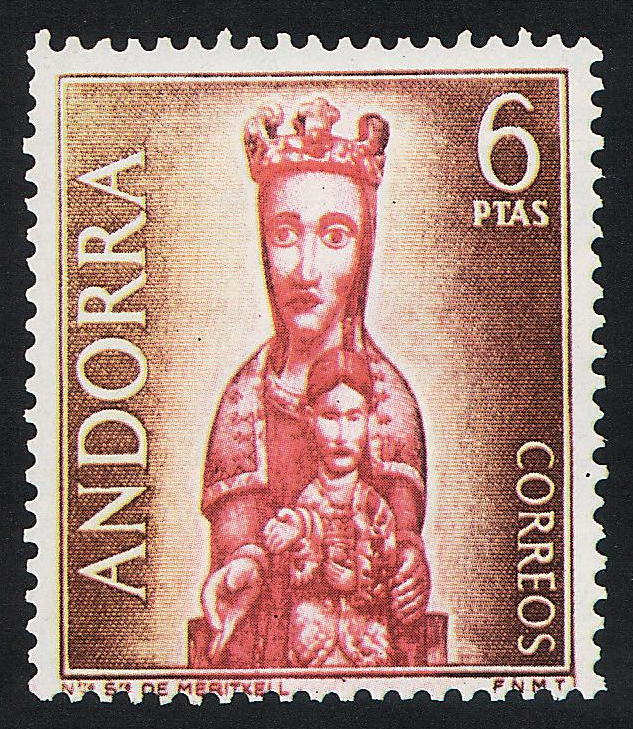 Imagen de la Virgen de Meritxell en sello de correos de Andorra Sello de correos emitido por España para Andorra con imagen de la Virgen de Meritxell, destruida en un incendio. Valor 6 pesetas.
