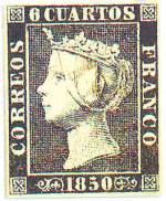 Primer sello emitido en España: 6 cuartos Isabel II